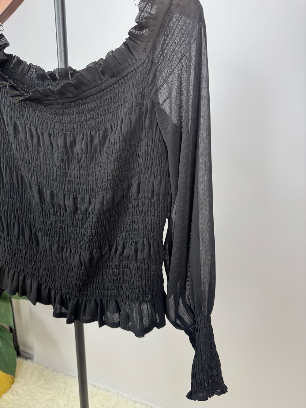 Express Black Smocked Off Shoulder Sheer Sleeve Blouse Top L - Picture 9 of 15